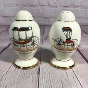 Vintage Porcelain Buggy Warranted 22 Karat Gold Salt and Pepper Shaker Pair